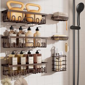 Veken Shower Caddy 6-Pack, No Drilling & Rustproof, Waterproof Adhesive Shelves Rack with Soap Holder, Large Capacity Bathroom Organizers and Storage, Wall-Mounted Kitchen & Home Decor