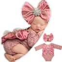 Zeroest Newborn Photography Props, Infant Girl Photoshoot Lace Romper & Bow Headband Outfit, Baby Photo Props for Newborns