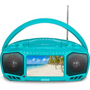 Aiwa Portable Boombox, Crystal Clear Sound with 3W x 2 Speakers and Bass Function, Featuring a 7" LCD Display, Bluetooth Connectivity, FM Radio, CD/DVD Player, Streaming on Roku and Amazon Firestick, Aqua Blue