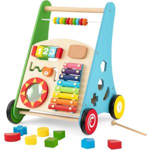 HONEY JOY Baby Push Walker, Wooden Infant Walker Activity Center with Shape Sorter, Develop Motor Skills & Creativity, Push Toys for Babies Learning to Walk, Gift for Boys and Girls, Colorful