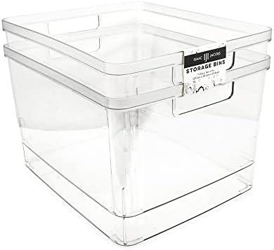 Pack of 4 Isaac Jacobs 2-Pack Extra-Large Clear Storage Bins (11.5” L x 14” W x 9” H) w/Cutout Handles, Plastic Organizer for Home, for Kitchen, Fridge, Pantry, BPA Free, Food Safe (Extra-Large) 2 bins are broken
