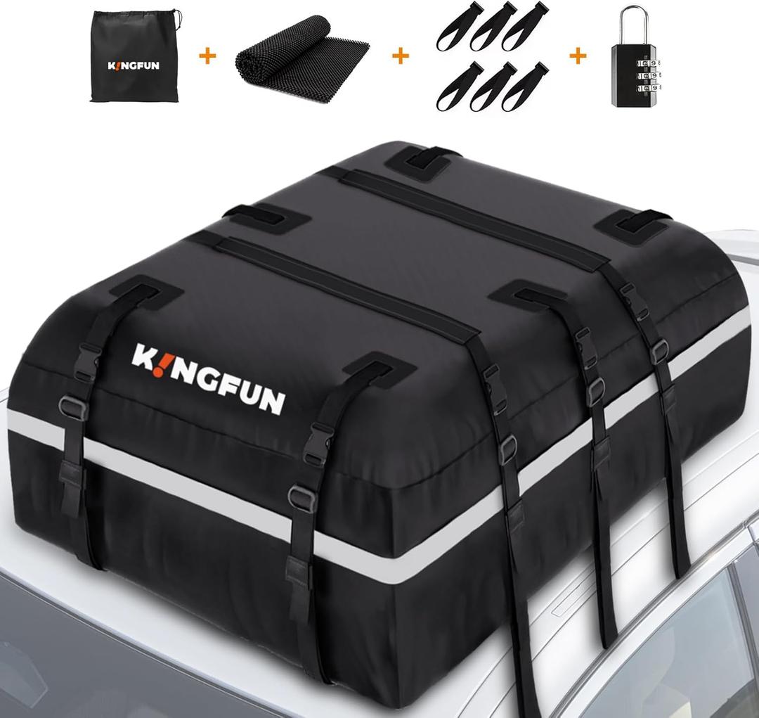 Kingfun Rooftop Cargo Carrier - Waterproof 20 Cubic Feet Car Roof Bag for All Vechicles with/Without Racks, Includes Anti-Slip Mat, 8 Reinforced Straps, 6 Door Hooks, Luggage Lock (Black)