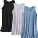 PNAEONG 3 Pack Womens Cotton Nightgown V Neck Nightshirts Sleeveless Sleepwear Casual Print Sleepdress (X-Large, C Black+c Coffee+c Good Night)