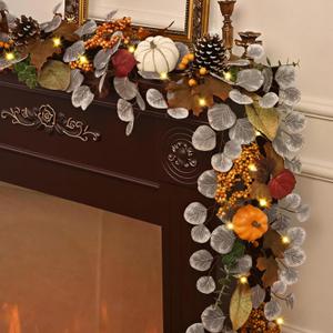 Fall Garland for Mantle, 6 Ft Fall Garland with Lights, Autumn Leaves Garland with Pumpkin Thanksgiving Table Centerpiece, Fall Decorations for Home Porch Indoor Outdoor Halloween Harvest
