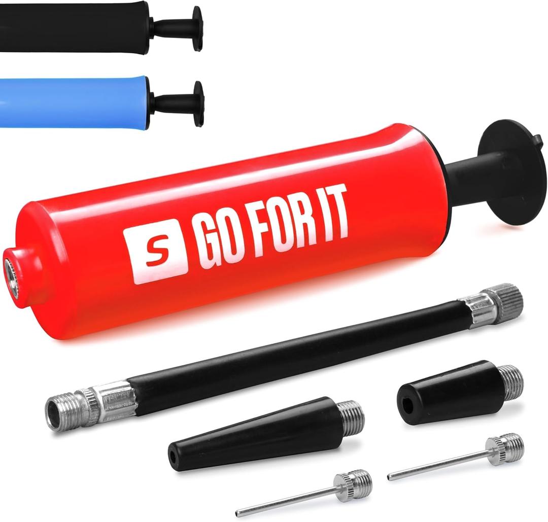 SPORTBIT Ballpump for Sports Balls - Basketball Pump for Sport Balls - Football & Soccer, Basketball, Volleyball Pump, Swim Inflatables - Hand Air Pump with 3 Needles, Nozzle, Extension Hose, Pouch