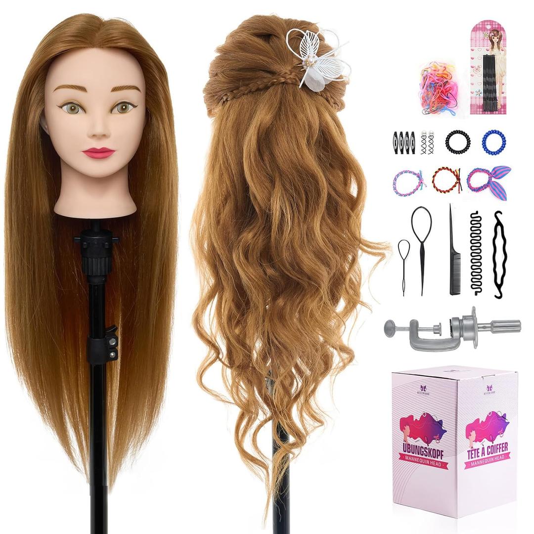 28" Mannequin Head Human Hair - 80% Real Hair Mannequin Head, Cosmetology Manikin Doll Head for Hair Styling, Hairdressing Training Head for Braiding Practice Curling with Table Clamp Styling Set (Brown)