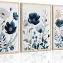 Botanical Wall Art Boho Wall Decor Navy Blue Wall Decor Floral Painting Blue and Gray Posters Minimalist Botanical Print Wall Art for Living Room Bedroom Bathroom 16×24 in*3