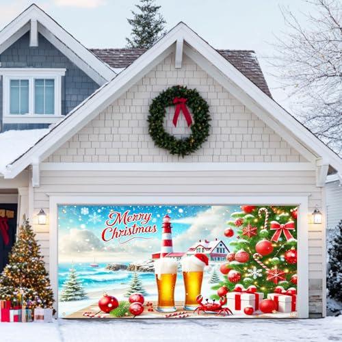 HOMETITUTE Christmas Garage Door Banner 13x6ft Merry Christmas Lighthouse Beach Beer Backdrop Banners for Outside Indoor Winter Door Cover Garage Wall Covering for Party Garage Decorations