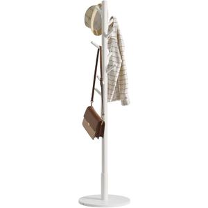 IBUYKE Coat Rack Stand, Freestanding Coat Tree with Solid Round Base and 8 Hooks, Easy Assembly Wooden Coat Hanger, Clothes Rack for Hallway Entryway, Living Room, Bedroom, Office, White WD-114 (Discs)