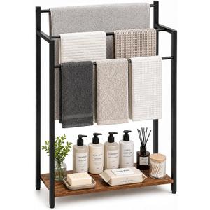 24.8" W Freestanding Towel Rack, 3 Tier Blanket Ladder Stand with Rustic Brown Wooden Shelf for Bathroom Living Room