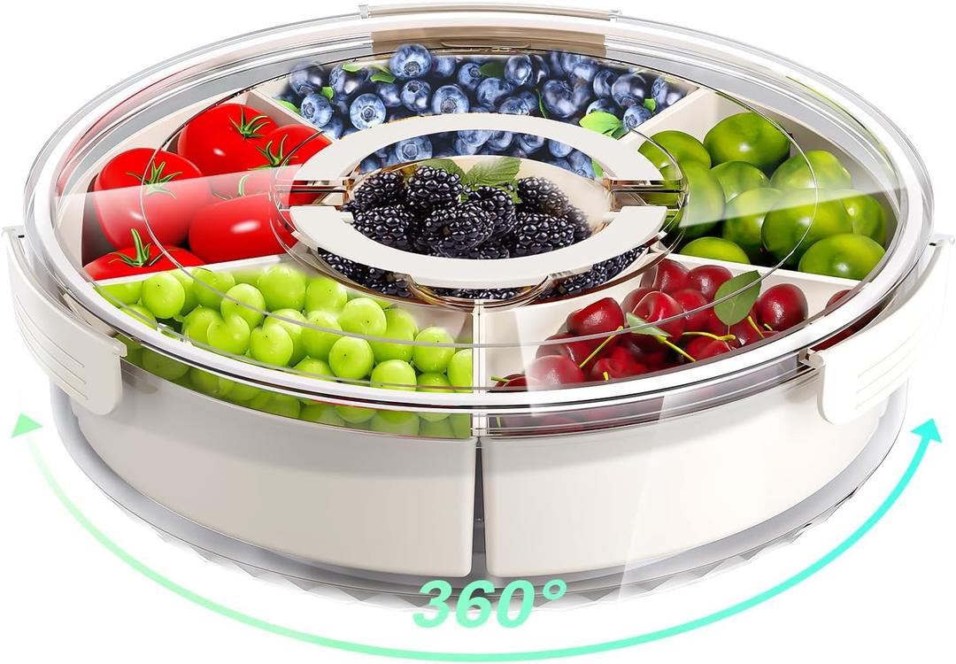 Divided Serving Tray with Lid and Handle,Large Snack Spinner,Snackle Box Container, Multi-Purpose Food Platter for Charcuterie Veggie Fruit, Taco Tuesday Movie Night Travel Beach Picnic Essentials (12" W-1pcs-6 Compartments, White)