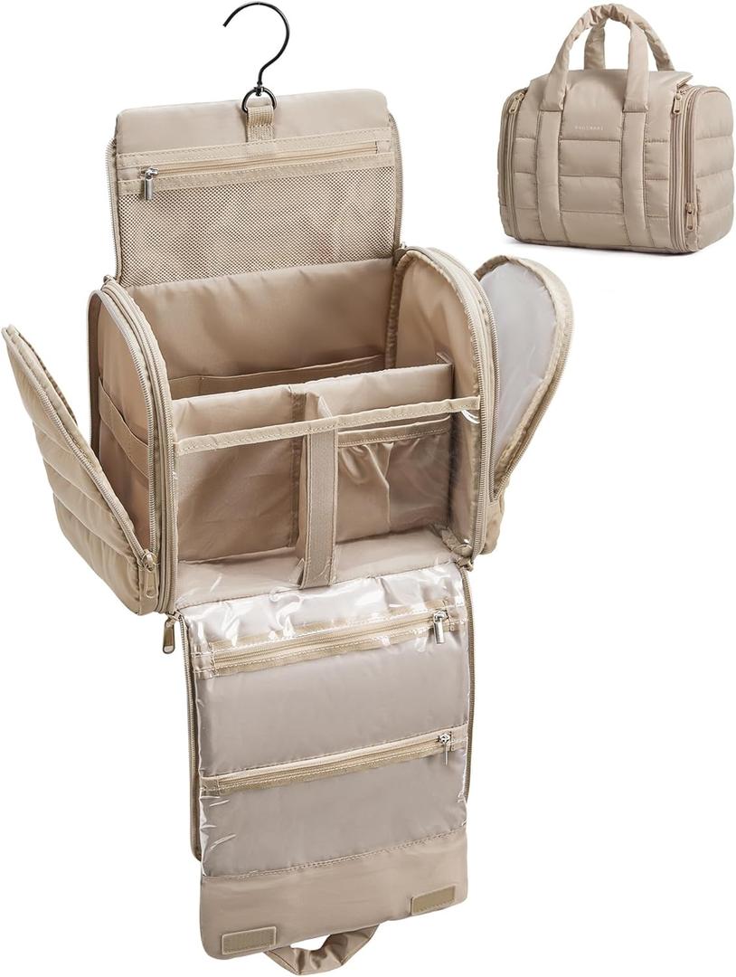 BAGSMART Puffy Travel Makeup Bag, Portable Hanging Toiletry Organizer with Removable Partition, Organizer for Travel-Sized Shampoo, Conditioner, Brushes Set, makeup Accessories, Camel (Large)
