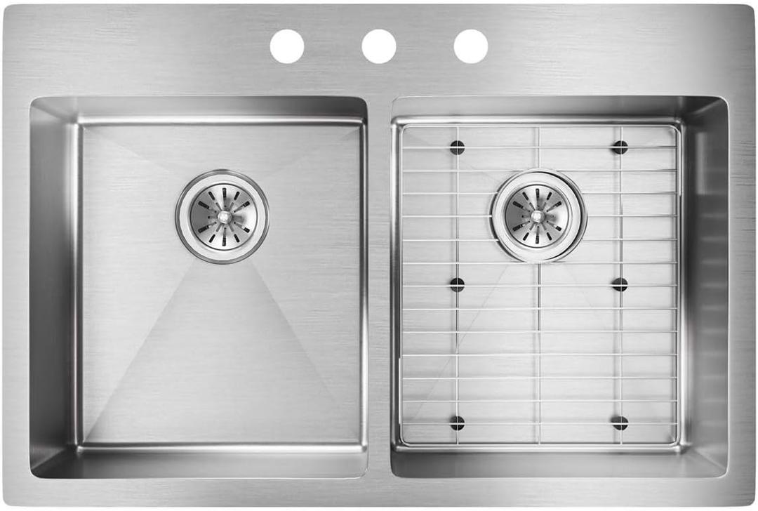 Elkay ECTSR33229TBG Crosstown 33" Undermount Double Basin Stainless Steel Kitchen Sink with Basin Rack - 3 Faucet Holes