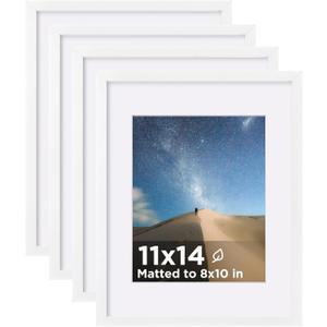 KINLINK 11x14 Picture Frame Set of 4, Wooden 14x11 Photo Frames with Plexiglass for 8x10 Picture with Mat or 11x14 Without Mat, Art Collage for Wall Gallery and Tabletop Display, 11 x 14 Frame White