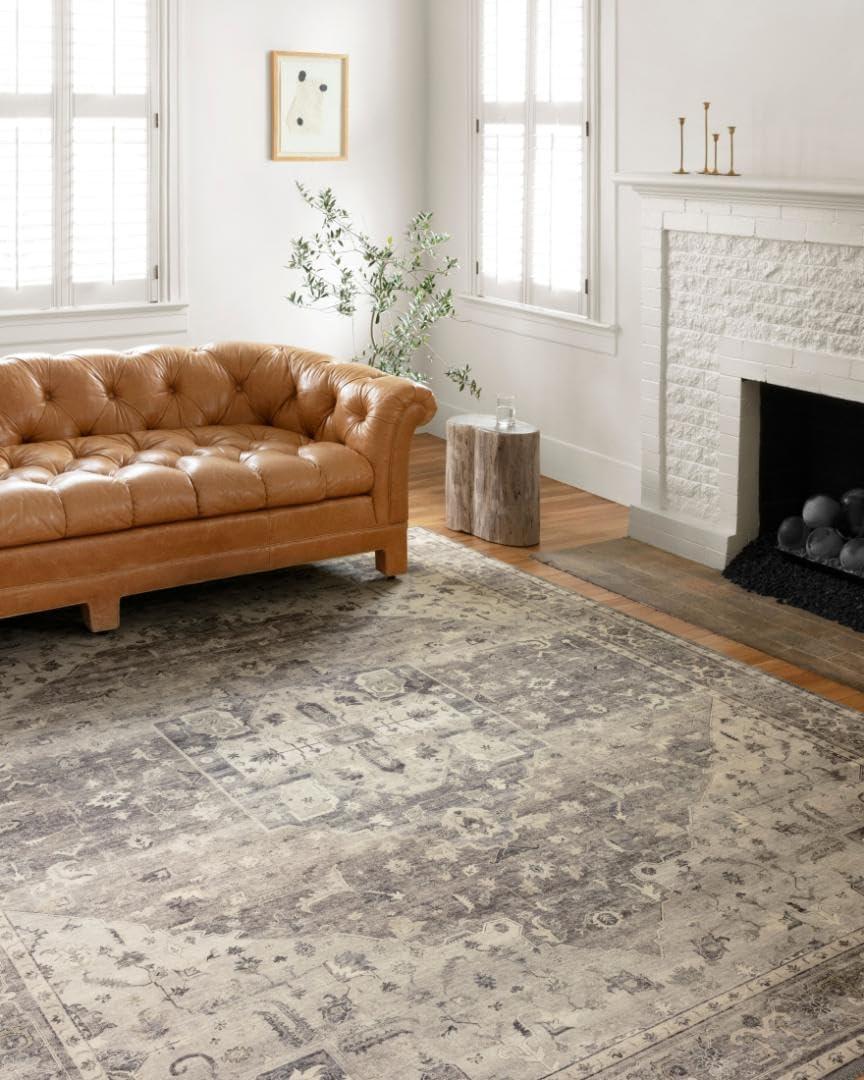 Loloi Hathaway Steel/Ivory 9'-0" x 12'-0" Area Rug | HTH-05 Printed Approx. 9x12 Grey Living room Dining room Bedroom, Vintage Inspired, Modern, Area Rug