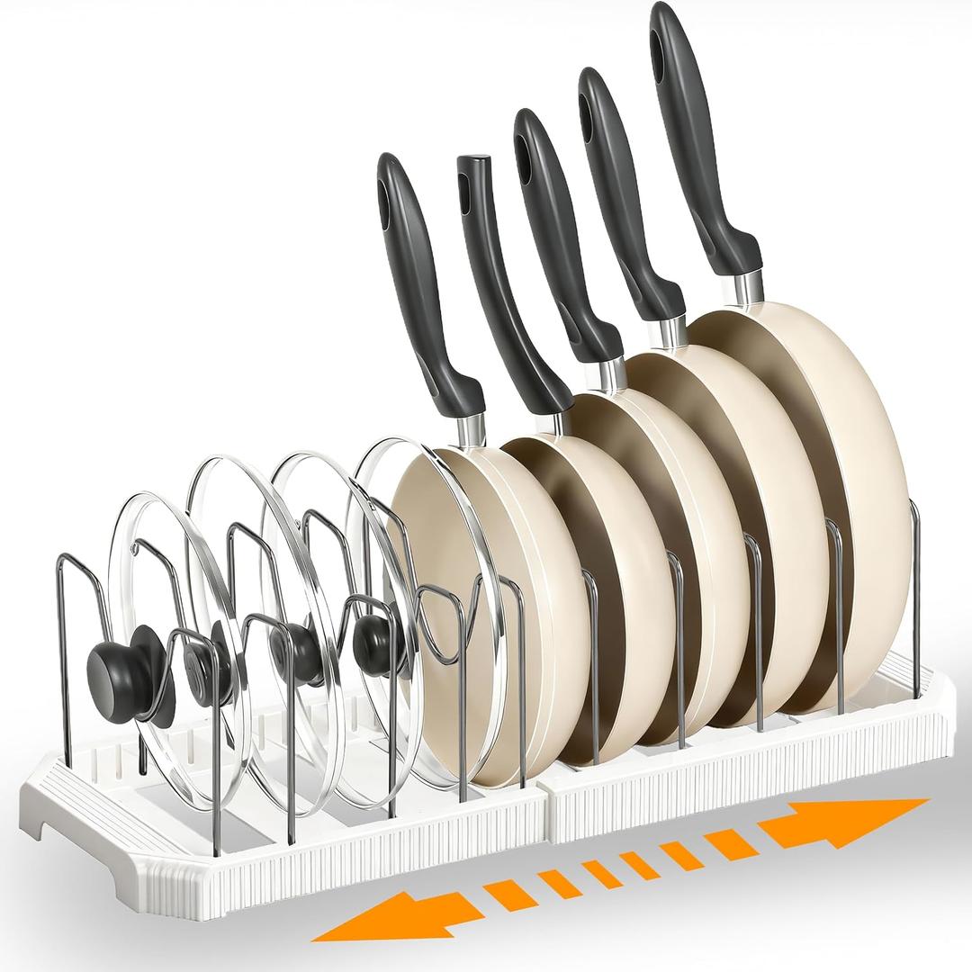 Adjustable Pot Lid Organizer Rack, 9 Compartments Cabinet Storage Holder for Pots, Pans, Lids, Cutting Boards, Bakeware (White)