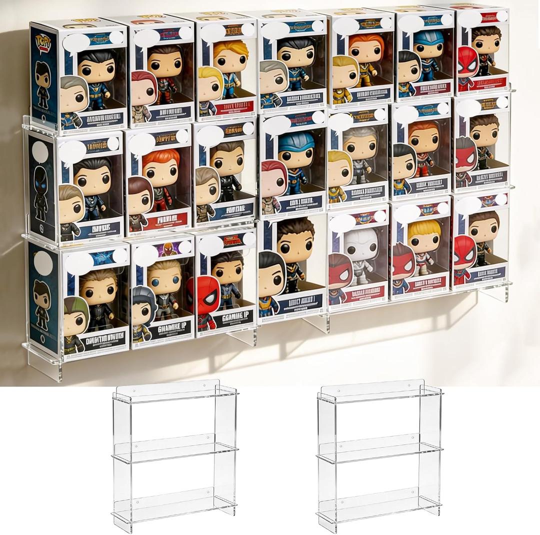 2 PCS Wall Display Shelves Compatible with 21 Funko Pop in Box Acrylic Floating Display Shelves Clear Tiered Display Shelf for Collectibles Stackable Action Figure Stand for Boxed Figures Display Case