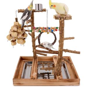 Bird Playground - Natural Wood Bird Perch Stand with Removable Tray and 2 Stainless Steel Cups