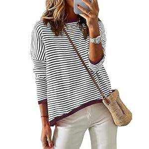 ZESICA Women's Fall Striped Sweaters Long Sleeve Crew Neck Shirts Color Block Lightweight Pullover Tops, Smoke Blue, Medium