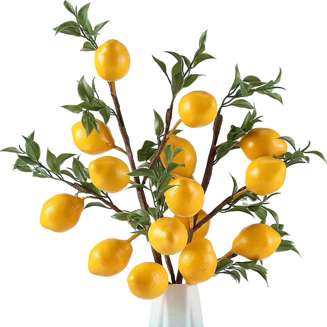 Giegxin 2 Pcs Artificial Lemon Branches Decor 8 Head 19" Faux Lemons with Stems Yellow Fake Lemon Branch Decoration for Kitchen Table Home Party Summer Decor
