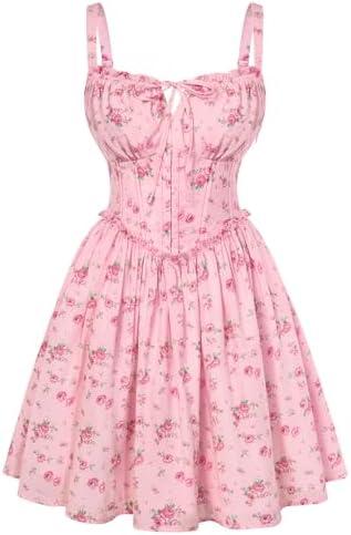 Scarlet Darkness Floral Corset Dress for Women 2026 Summer Sundress Lace Up Mini Milkmaid Dresses with Pockets M