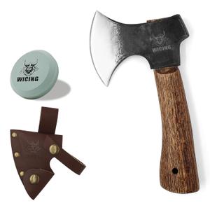 Hatchet, 8 Inches Small Hand Axe 1065 Manganese Steel and Beech Wood Handle with Leather Sheath