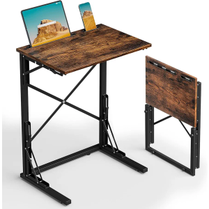 21''Wx28''H Folding TV Tray, Small Foldable C-Shaped End Table for Eating with Tablet and Phone Slots, Slide Under Couch Side Table for Recliner, Living Room, Bedroom, Rustic Brown
