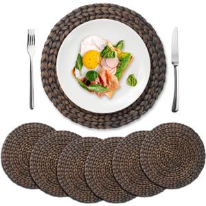 6 Pack, Round Woven Placemats, Natural Water Hyacinth Wicker Place mats, Braided Straw Table Mats for Dining Table, Fall, Halloween, Thanksgiving, Chrismats, Black (13.8 inch)