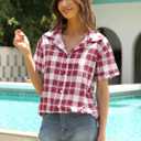 Veatzaer Women's Plaid Short Sleeve Button Down Shirt Casual Summer Blouses Tops X-Large, Pink