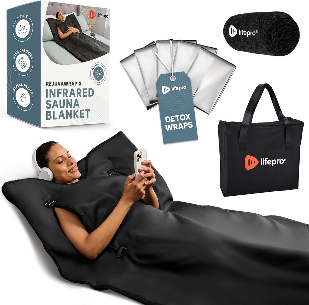 LifePro RejuvaWrap Infrared Sauna Blanket for Detox & Relaxation Portable Far Infrared at Home Sauna for Muscle Relief, Circulation & Recovery 9 Heat Levels (Black Arm Sleeves)