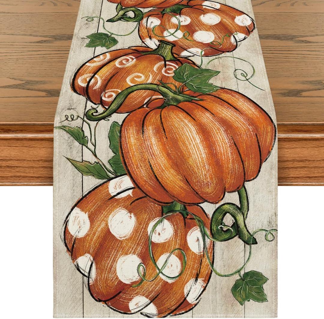Artoid Mode Polka Dot Pumpkins Vine Wood 210 GSM Fall Table Runner, Seasonal Autumn Kitchen Dining Table Decoration for Home Party Decor 13x36 Inch (Light-colored Wood)
