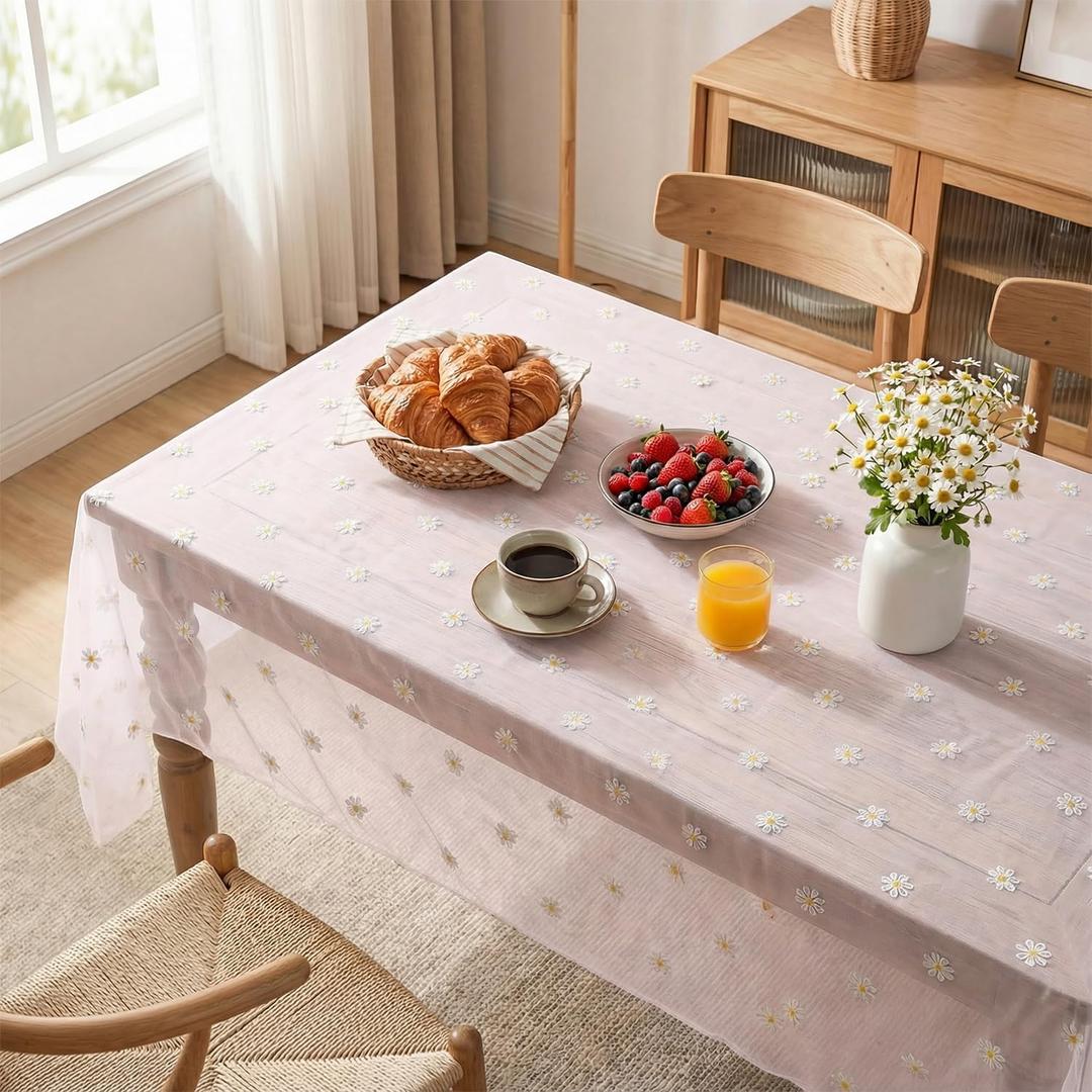 Horaldaily Pink Embroidery Daisy Spring Summer Gauze Tablecloth 60×84 Inch Rectangular, Seasonal Tulle Table Cover, Garden Party Decorations for Wedding, Party, Holiday Dining