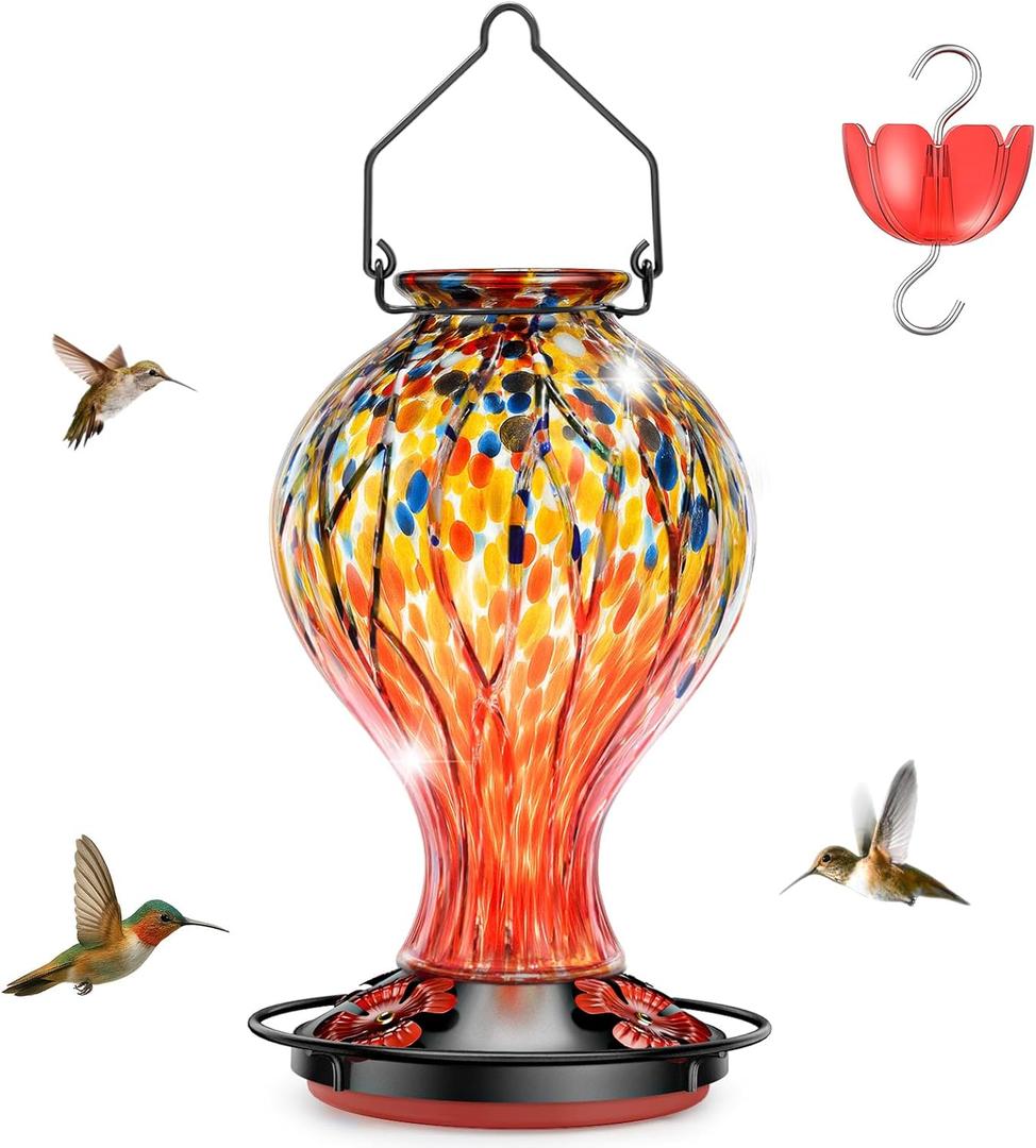 Hummingbird Feeders for Outdoors Blown Glass Hanging Hummingbird Feeder with Ant Moat, 28 Ounces Large Capacity, Leakproof Wide Mouth, Decorative Bird Feeder for Garden, Yard, Patio, or Window