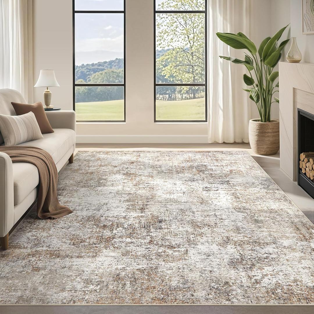 10x12 Washable Area Rug: Extra Large Modern Abstract Rugs Soft Neutral Non Slip Ultra Thin Stain Resistant Indoor Carpet for Living Room Bedroom Dining Room Home Office(Brown)