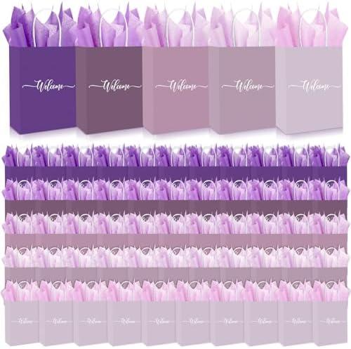 Kolldenn 50 Set Gradient Purple Welcome Gift Bag Bulk 8.27 x 5.91 x 3.15 Inch Wedding Party Gift Bag with Tissues Paper 5 Colors Welcome Handbag for Engagement Party Favor Hotel Guest
