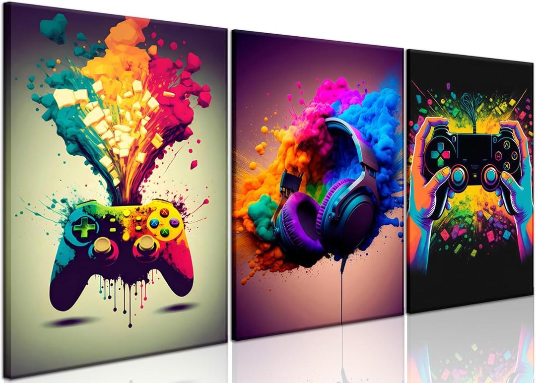 Gaming Room Decor Wall Art Set of 3 - Video Gaming Controller Gamer Wall Decor, Gaming Canvas Poster Room Decor for Boys Room Kids Game Room Bedroom 16x24 in Framed (Colorful Ink Game)