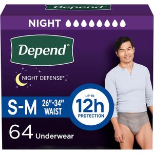 Depend Night Defense Adult Diapers, Incontinence Underwear for Men, Disposable, Overnight, Small/Medium, Grey, 64 Count (4 Packs of 16)