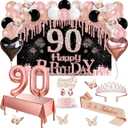 90th Birthday Decorations for Women, 49pcs Black Rose Gold Black Happy 90th Birthday Banner, Tablecloth, Butterfly Decor, Sash and Tiara, Cake Topper, Candles, Balloons Arch