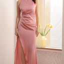 Velius Women's Satin Sleeveless Spaghetti Strap Elegant Backless Ruched Bodycon Slit Maxi Dress (Pink)