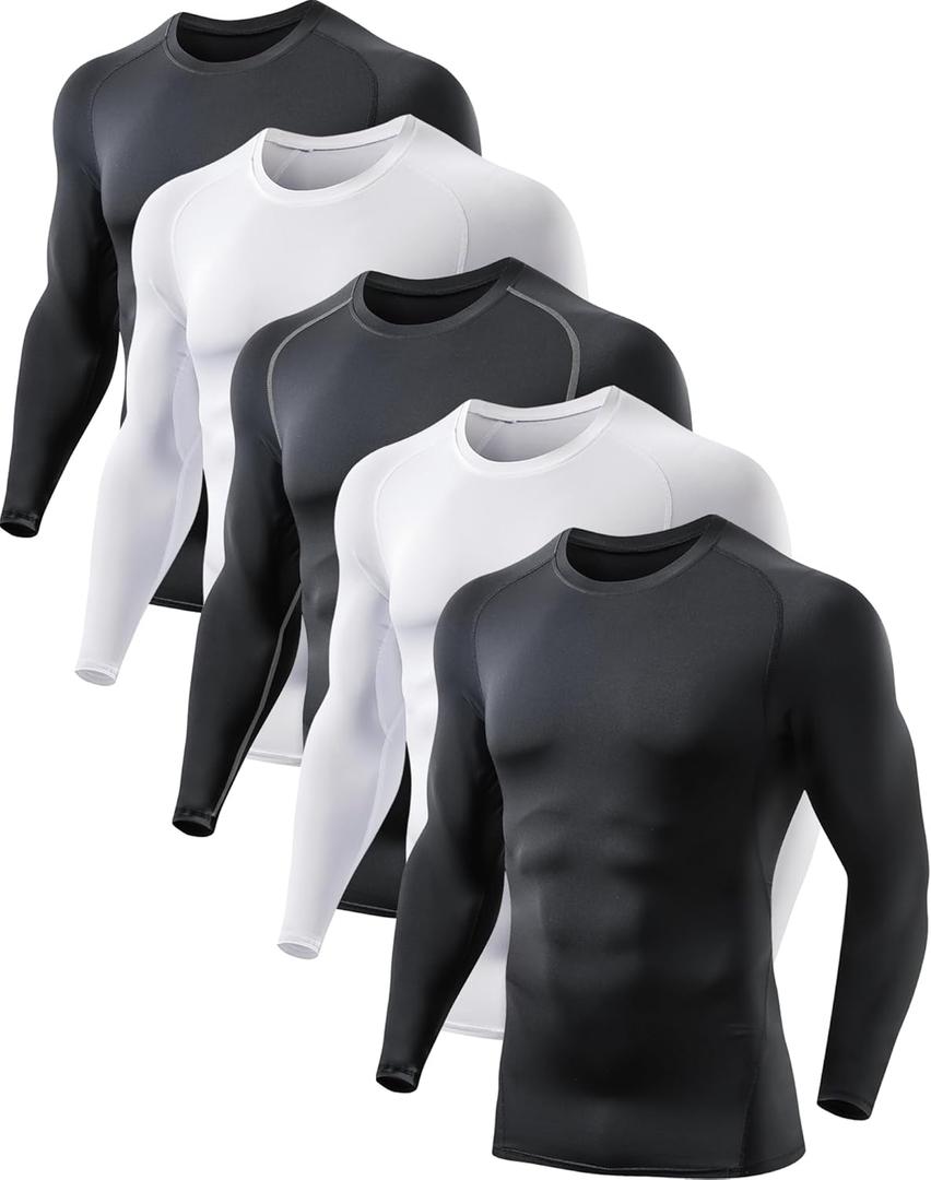 5 or 4 Pack Men's Compression Shirts Long Sleeve UPF SPF Rash Guard Workout Base Layer Undershirt Gear (Medium, Black(g)/Black/White (5 Pack))