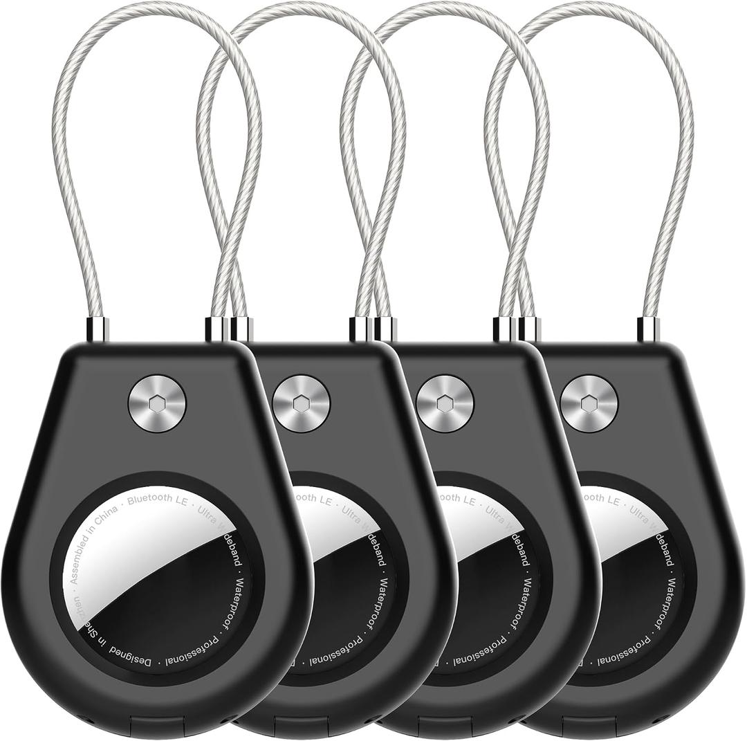 Secure Holder for AirTag with Wire Cable, 4 Pack for Air Tag Keychain Holders for Key Ring, Keys, Luggage, Backpack, Sturdy Protection for Airtag Key Chain Lock Case Black