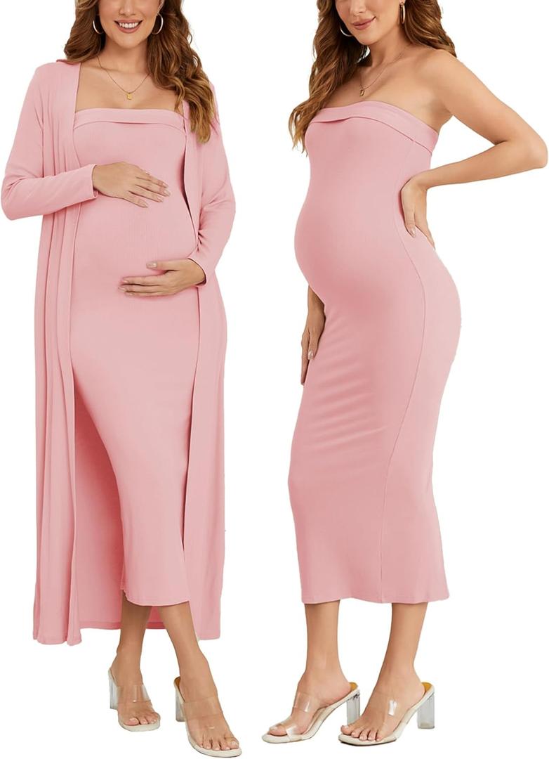 Ecavus Maternity Tube Dress Long Cardigan 2 Piece for Baby Shower and Wedding Guest Ribbed Maternity Photoshoot Dresses (Small, Pink)