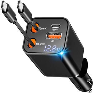 [Apple MFi Certified] Retractable Car Charger USB C, Caiinei 120W USB C Car Charger 4 in 1 PD/QC Type C Fast Charging Cigarette Lighter Adapter for iPhone 17/17 Pro Max/16 Pro/15/Galaxy S25/S24/Pixel