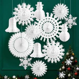 13PCS White Paper Snowflake Decorations Snowflakes Hanging Decoration Christmas Honeycomb Decorations with Snowflake/Snowman for Frozen Winter Wonderland Birthday Party Decor