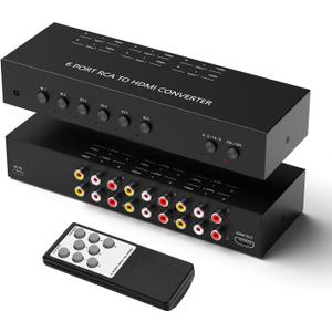 6Port AV to HDMI Converter RCA/Composite/CVBS Adapter Support 16:9/4:3 Switch for Wii/N64/PS1/PS2/PS3/VHS/VCR/DVD Players etc (6Port RCA in to 1 HDMI Converter with IR Remote)