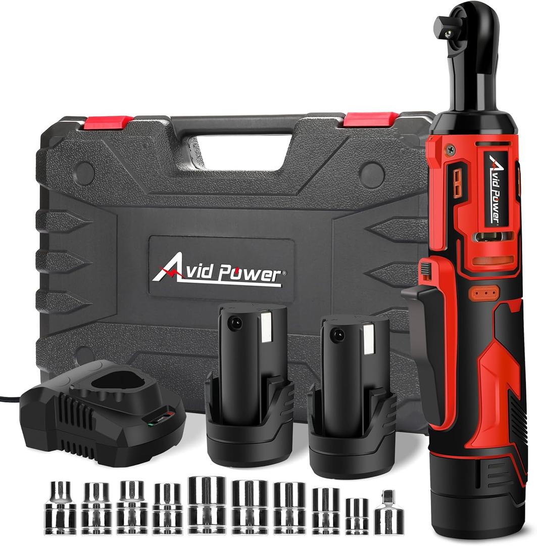 AVID POWER Cordless Electric Ratchet Wrench 3/8", 44.2 Ft-lbs 12V Power Ratchet Wrench Kit w/Two 2.0Ah Batteries, 1-Hour Fast Charger, Variable Speed and 10 Sockets (Red)