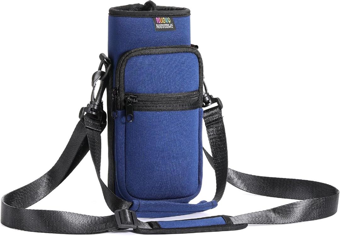 Nuovoware Water Bottle Carrier Bag,25oz/40oz/64oz Bottle Pouch Holder, Adjustable Shoulder Hand Strap 2 Pocket Sling Neoprene Sleeve Sports Accessories for Hiking Travelling Camping (Large, Dark Blue)