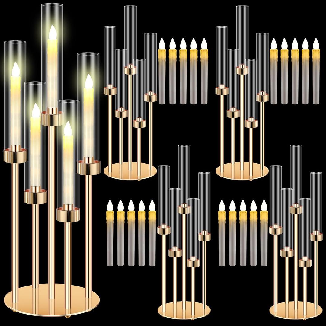 Tandefio 4 Set 5 Arm Gold Candelabra Table Centerpiece with LED Candle, 26.8" Tall Acrylic Cylinder Candle Holder with Lampshades Fit 0.8 for Wedding, Anniversaries, Dinner, Party, Easter, Home Decor
