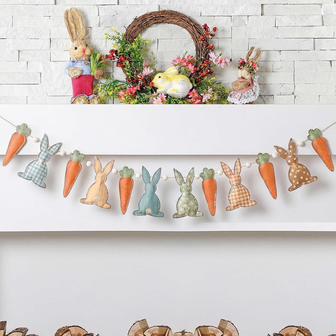 Cinnvoice Felt Rustic Easter Bunny Rabbit Banner Rabbit Beads Garland Vintage Farmhouse Spring Easter Garland Decorations Hanging Celebration Decoration for Home Party Supplies
