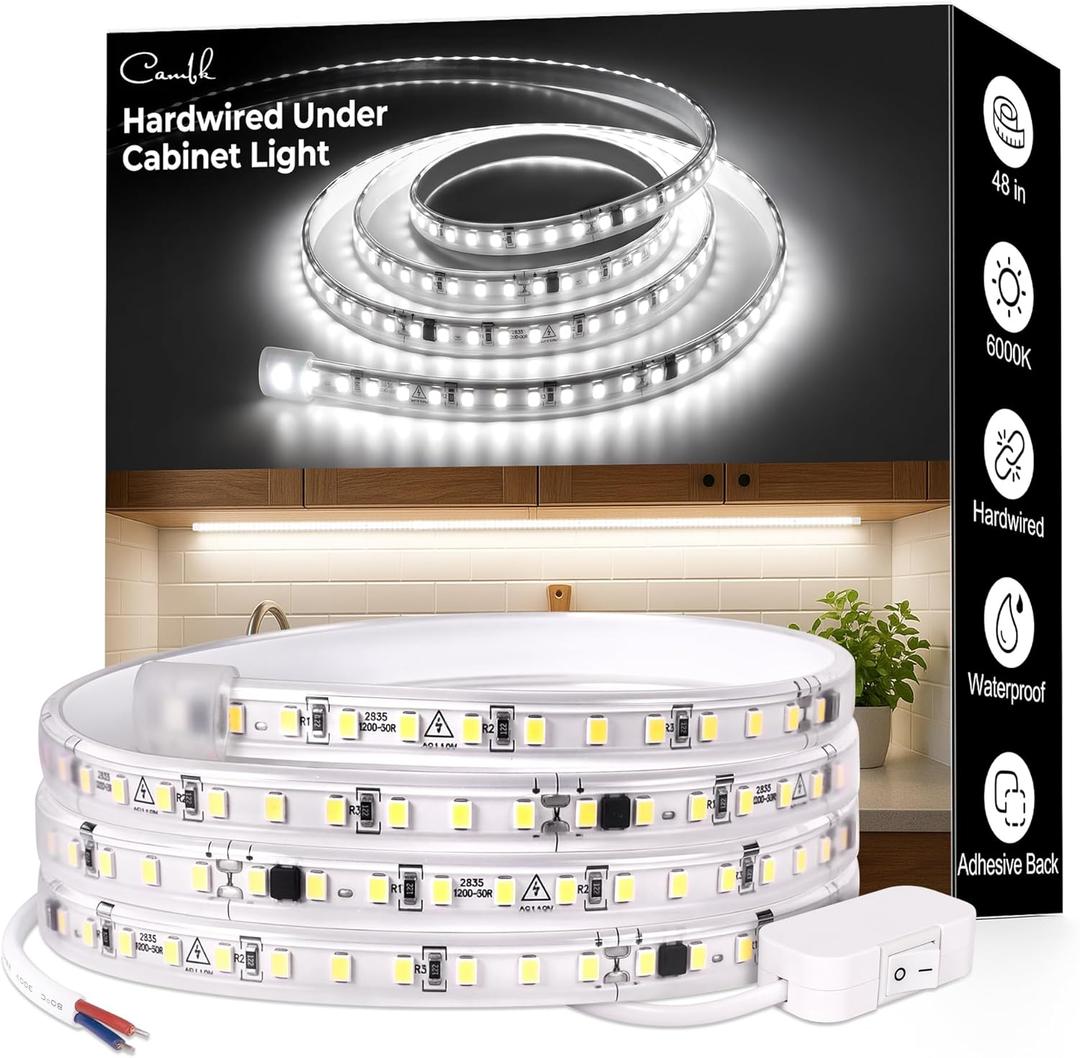 cambk 48inch Hardwired Under Cabinet Lighting for Kitchen,120V Wired Undercounter Led Strip Lights 6000K White Waterproof, Luces para Cocina Bajo Gabinete Under Shelf Lights for Sink/Workbench